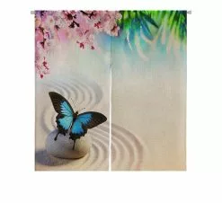 Abphqto Butterfly In Japanese Rock Garden Sakura Blossoms Japanese Noren Curtain Doorway Door Window Treatment Curtains 85x90 Cm