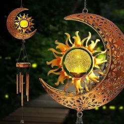 Unbranded Shxx Solar Wind Chimes-outdoor Garden Decorative Wind Chime Light With Cracked Ball-waterproof Metal Led Hanging Chime Decor (moon&sun) Xq-a13