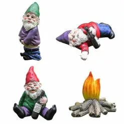 Unbranded 4 Piece Fairy Garden Miniature Ornament Set, Drunk Gnomes, Dwarf Bonfire Planter Figurines,