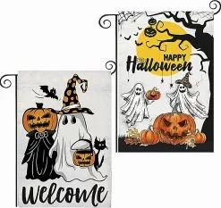Unbranded 2pcs Halloween Garden Flags, Double Sided Happy Halloween And Ghost Pumpkin Cat Outdoor Garden Flags For Yard Holiday Decorations 12 X 18 Inch